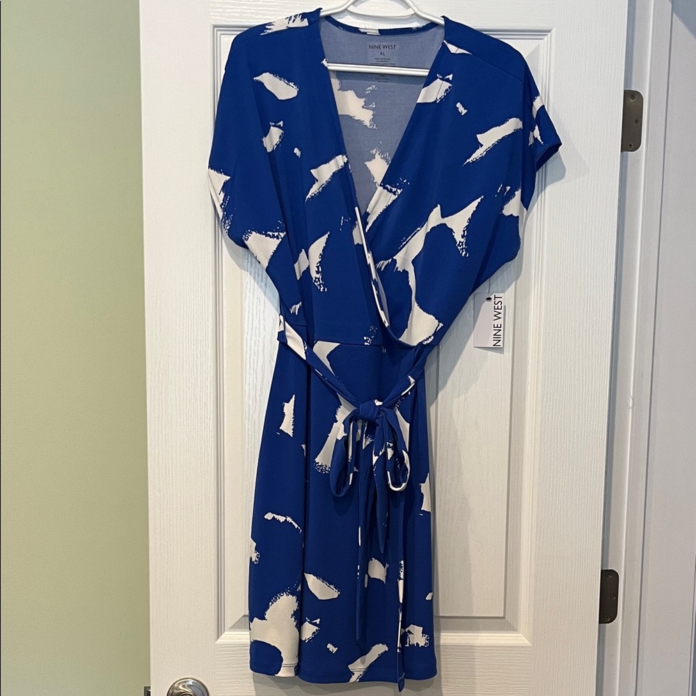 Nine West Royal Blue and White Abstract Wrap Dress